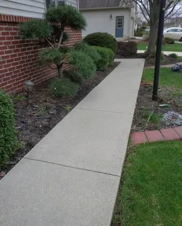After: concrete front walkway beside a brick wall and shrubs